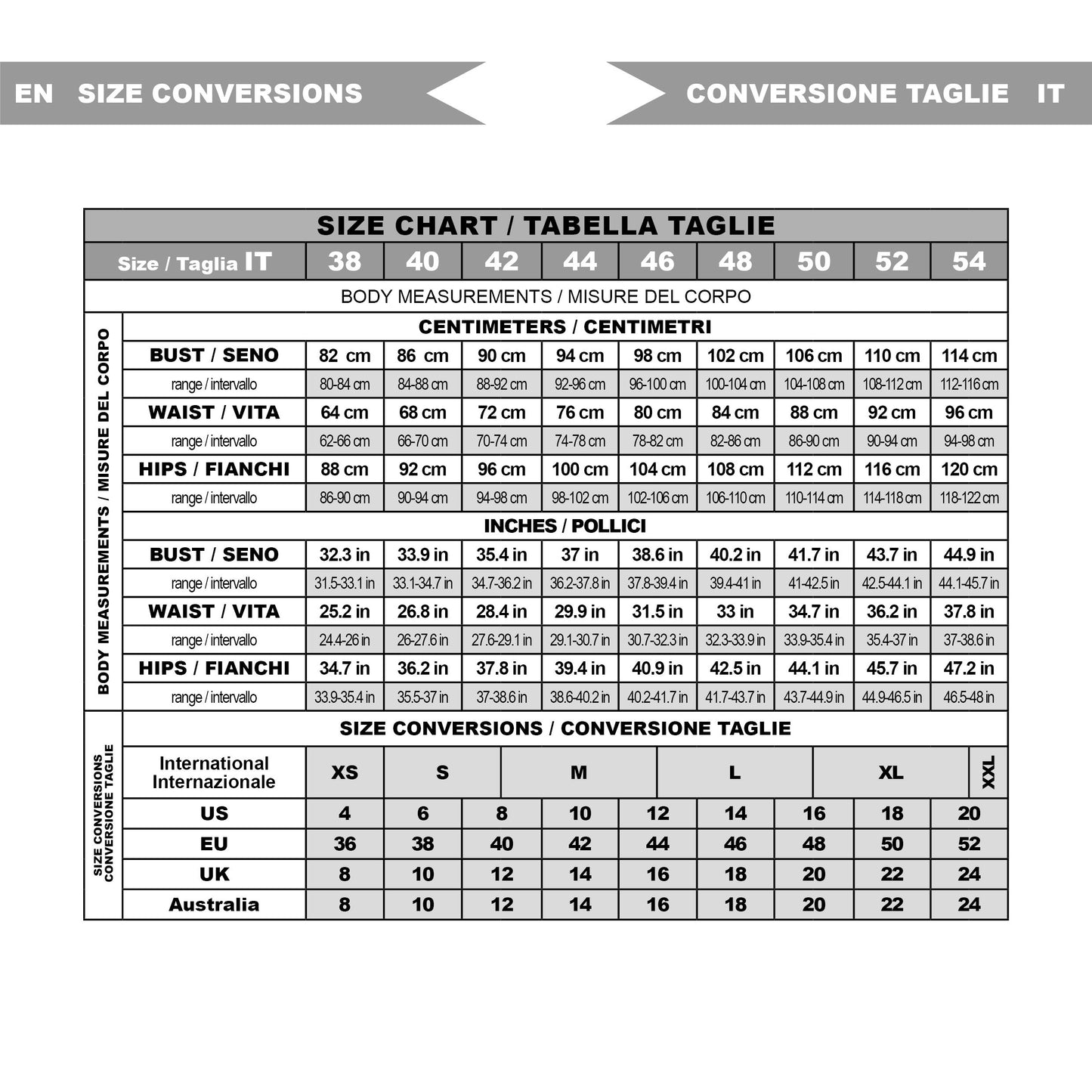 Size chart and size conversion.