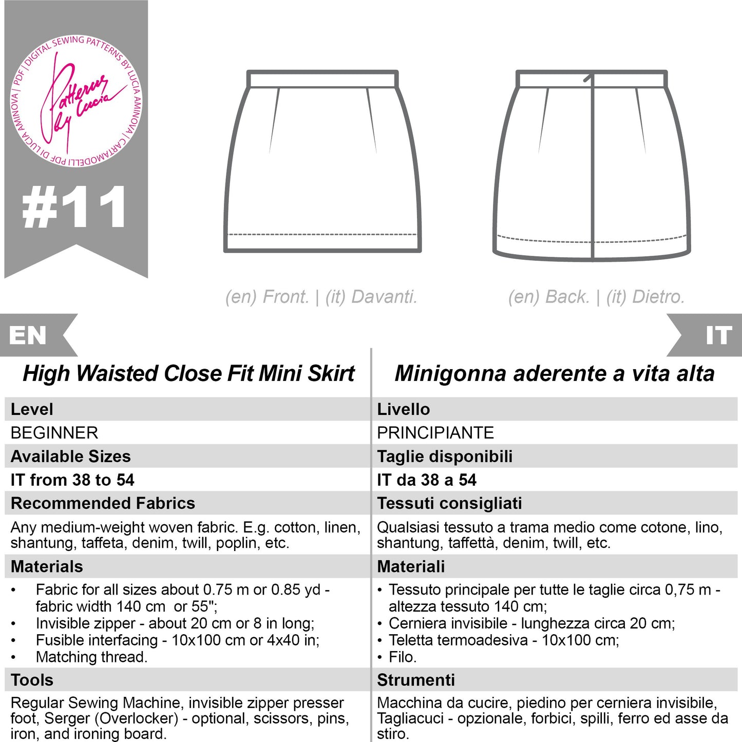 Sewing pattern details such as the pattern number, technical drawing -front and back view, available sizes, the difficulty level of the sewing project, and required fabric and notions.