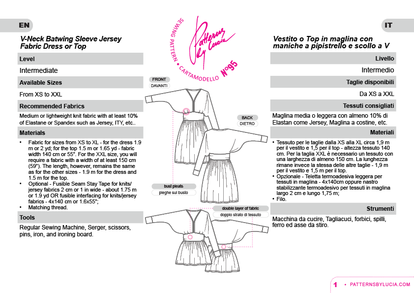 V-Neck Knit Fabric Dress or Top Sewing Pattern N.95