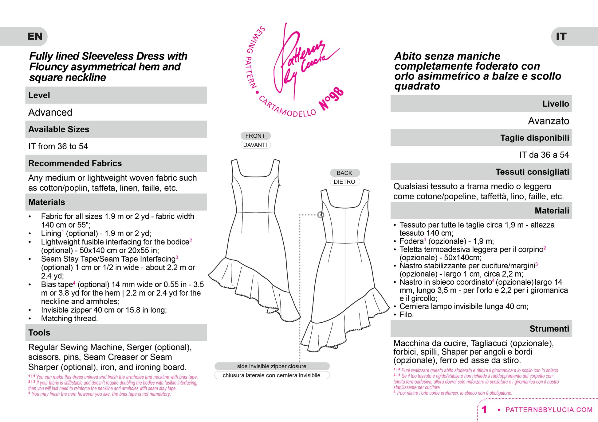 Sewing Pattern specification sheet.