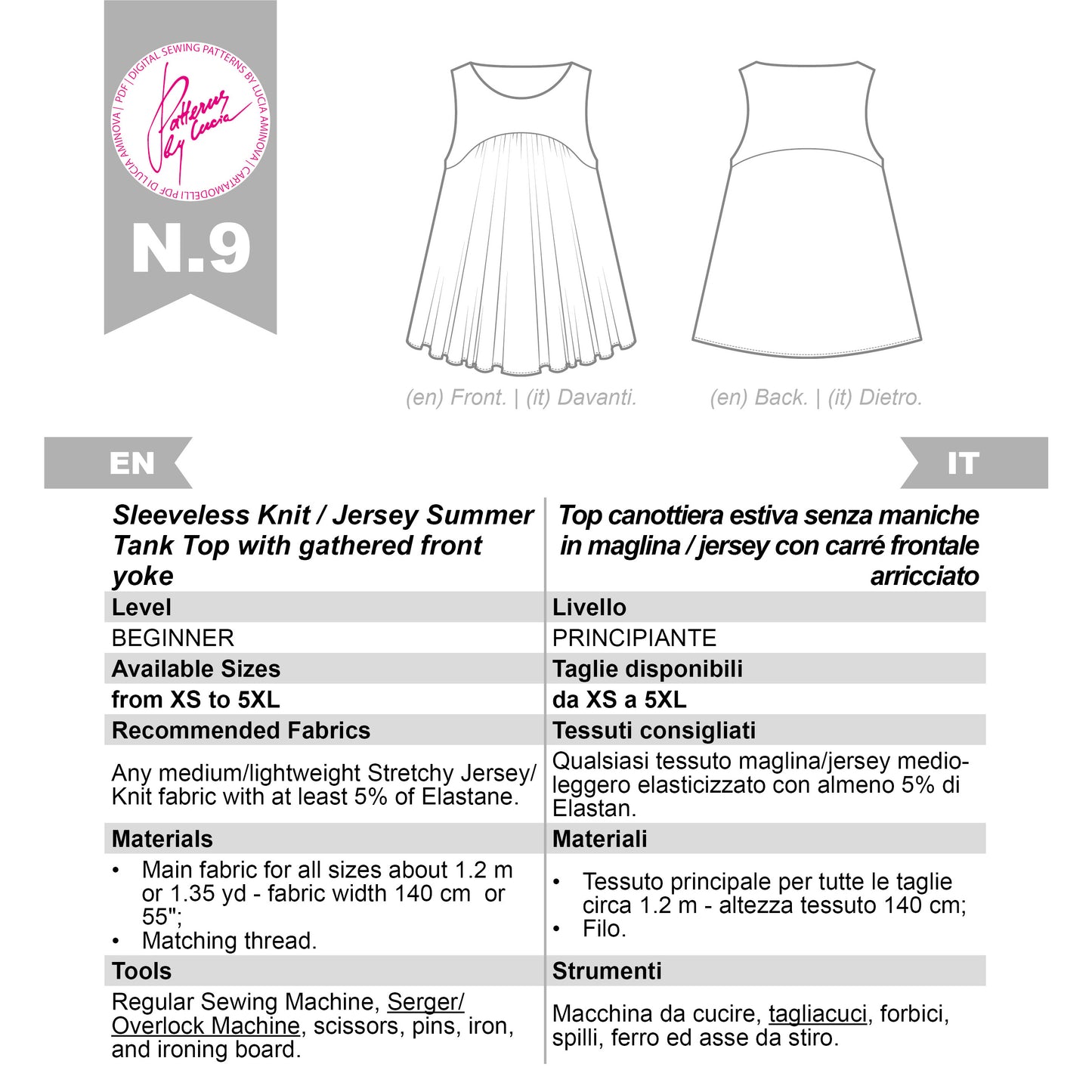 Cartamodello N.9 per Top smanicato in jersey elasticizzato, XS-5XL