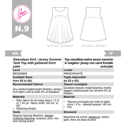 Sewing Pattern N.9 for Sleeveless Tank Top, XS-5XL