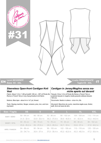 Sleeveless Open front Cardigan Knit Vest, Sewing Pattern N.31