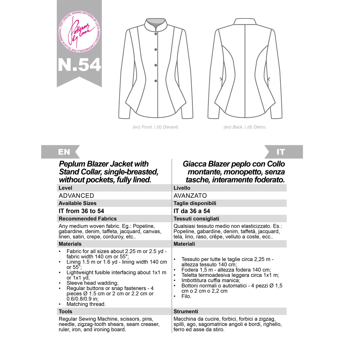 Peplum Blazer Jacket with Stand Collar Sewing Pattern N.54