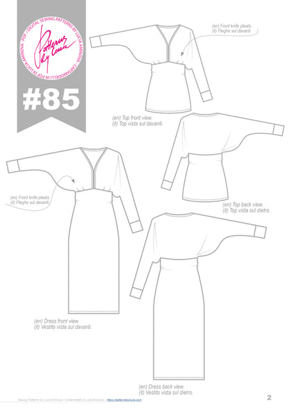 Sewing Pattern N.85, BATWING sleeves knit TOP or DRESS