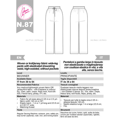 Sewing Pattern for Wide Leg Pants, N.87