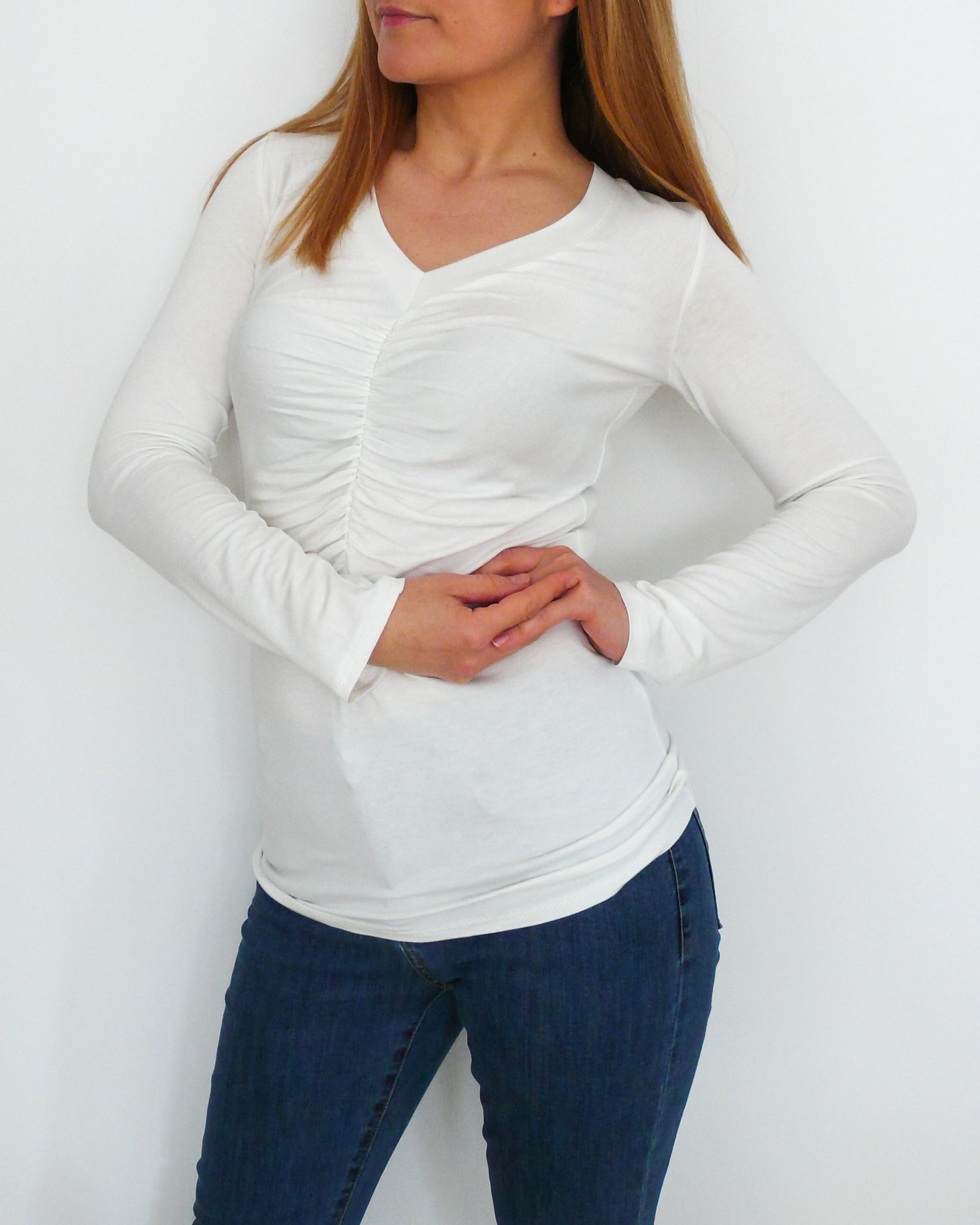 T-shirt long Femme en Piqué - Col V blanc