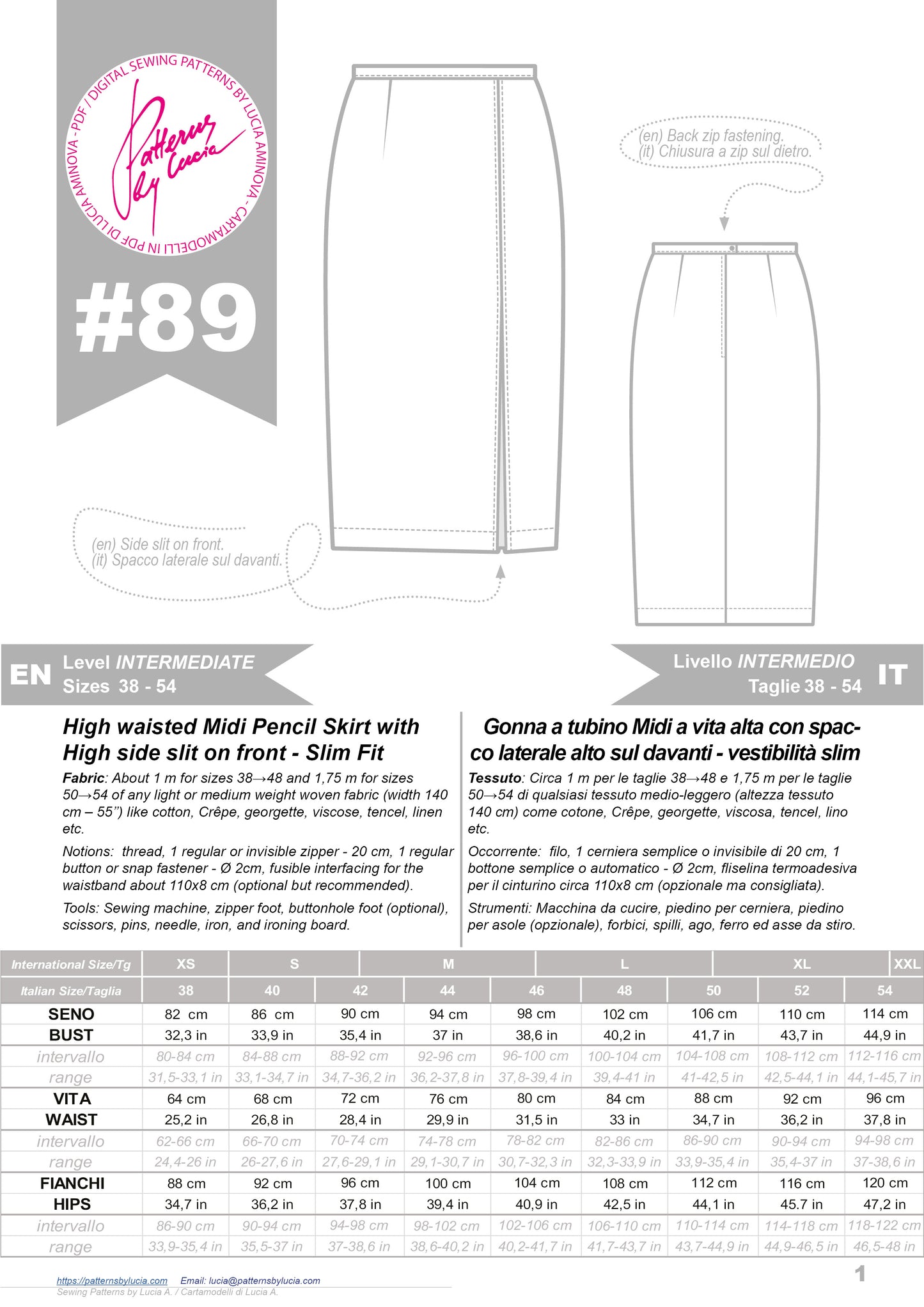 Sewing Pattern for Slit Skirt with front slit, N.89